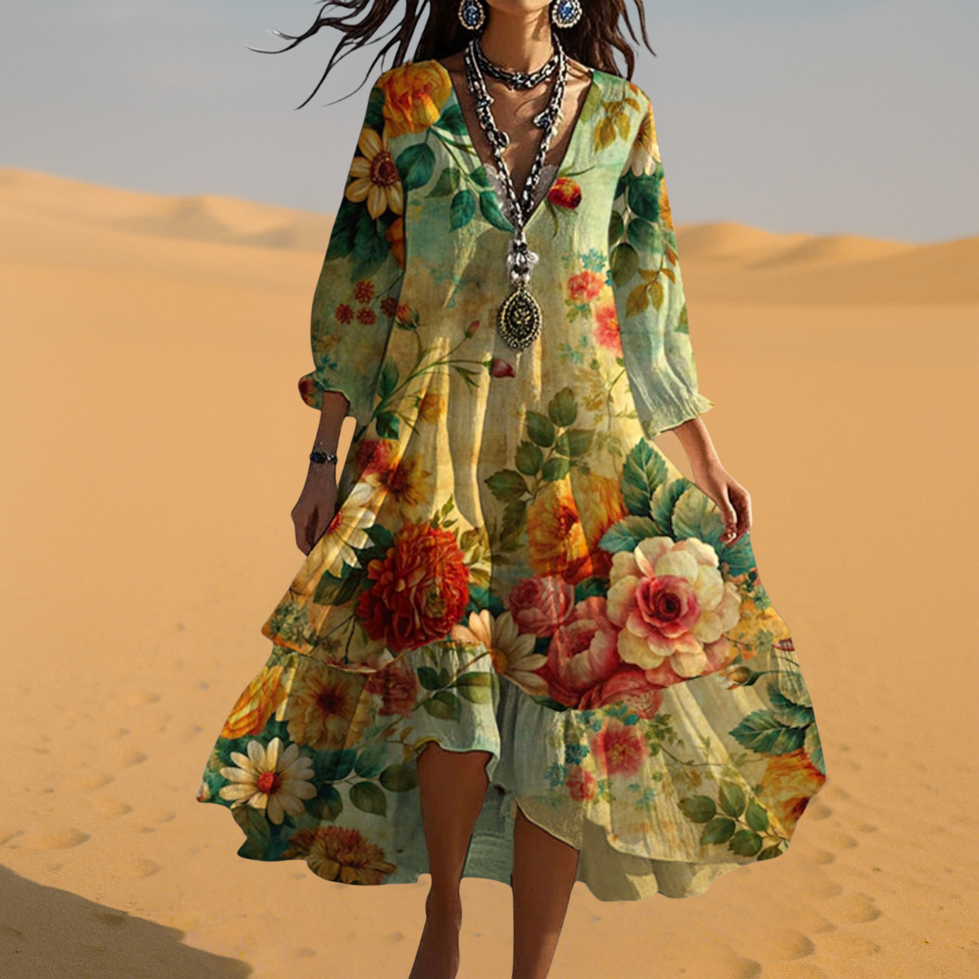 Elegant women's boho floral midi dress with comfortable 3/4 sleeves & V-neck. Versatile for spring & summer.