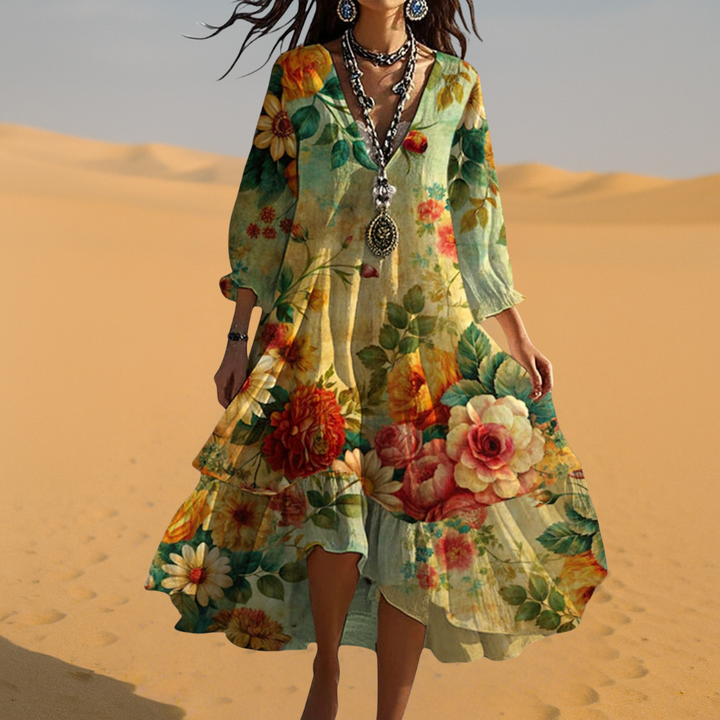 Elegant women's boho floral midi dress with comfortable 3/4 sleeves & V-neck. Versatile for spring & summer.