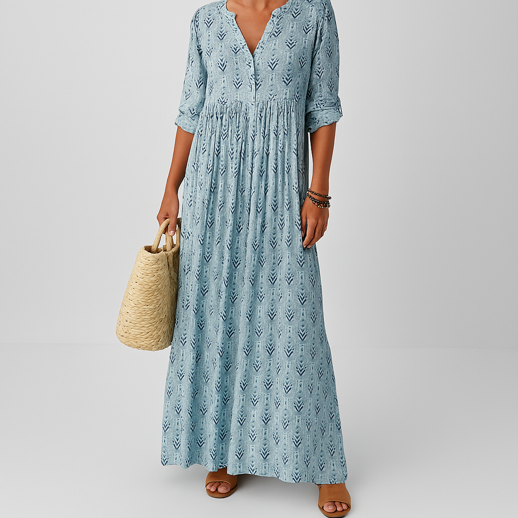 Women's boho print maxi dress with roll-up sleeves, V-neck, and relaxed fit. Perfect for summer casual wear.