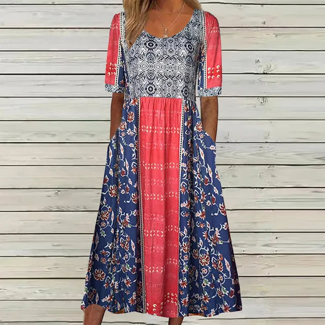 Elegant women's summer midi dress with a bohemian print, round neck, short sleeves, and handy pockets.