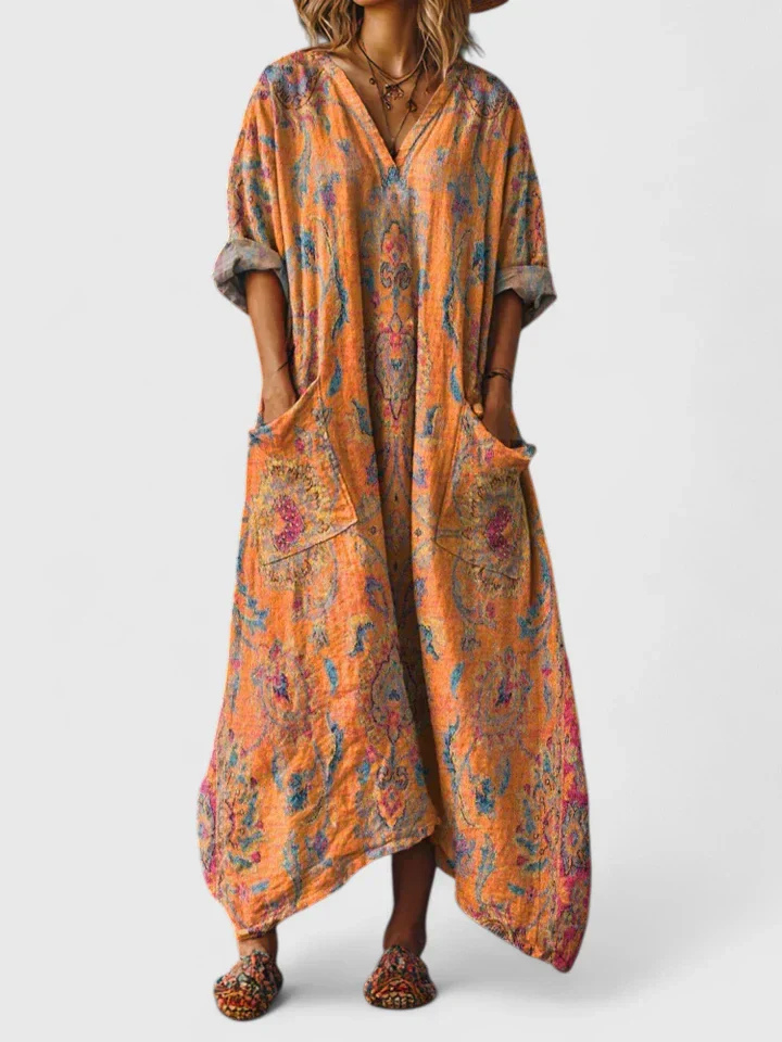 Women's boho print V-neck maxi dress with 3/4 sleeves and front pocket for casual summer fashion.