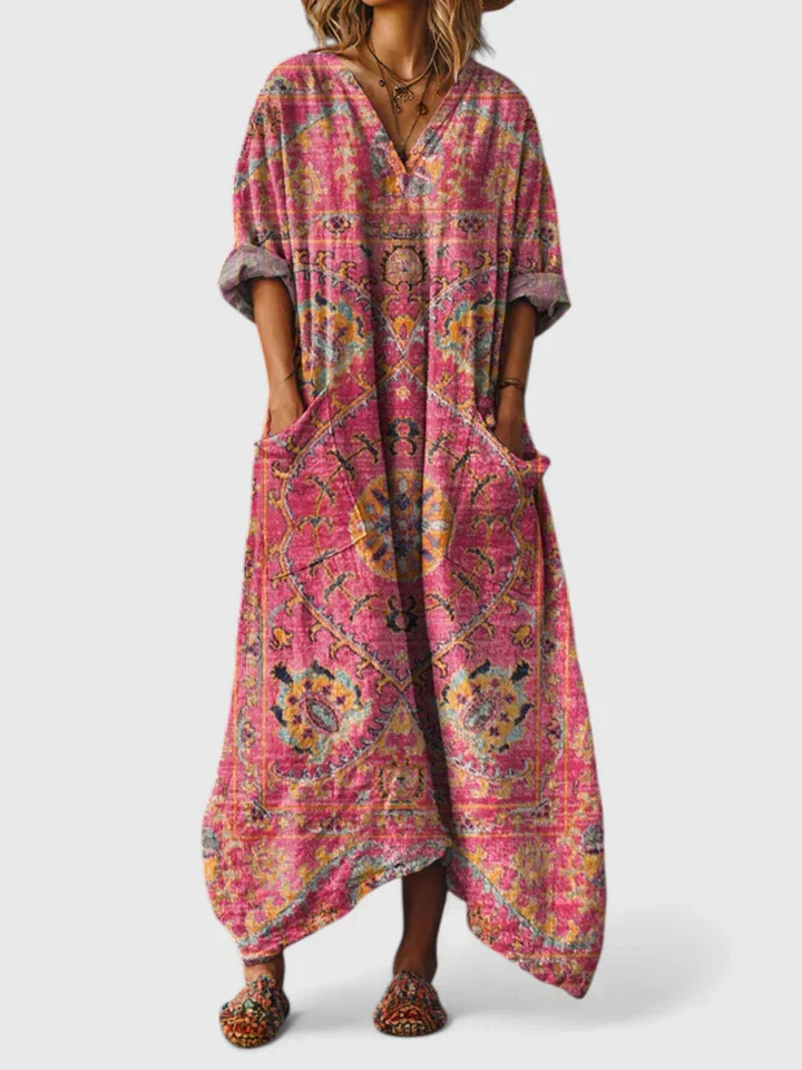 Casual women's everyday maxi dress, bohemian print with comfortable fit, V-neck, and essential pockets.