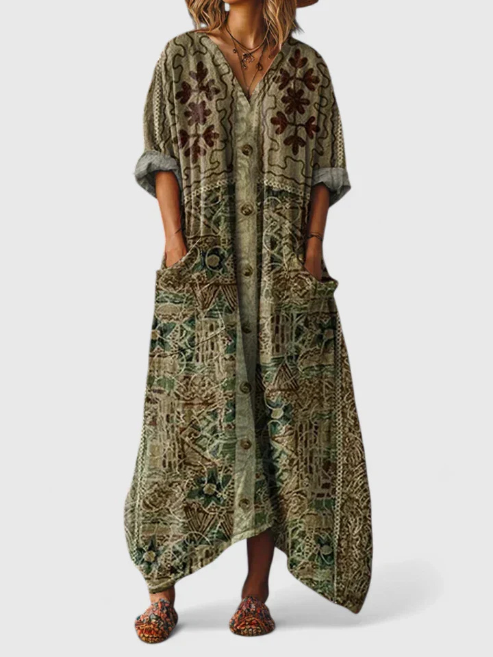 Vibrant boho print maxi dress for women, with 3/4 sleeves and a convenient front pocket, perfect for summer.