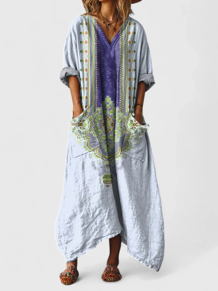 Flowy casual summer maxi dress for women, bohemian printed with a V-neck, 3/4 sleeves, and a handy front pocket.
