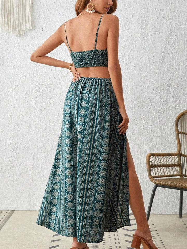 Casual women's maxi dress, bohemian print, smocked back for comfort, and sexy side slits.