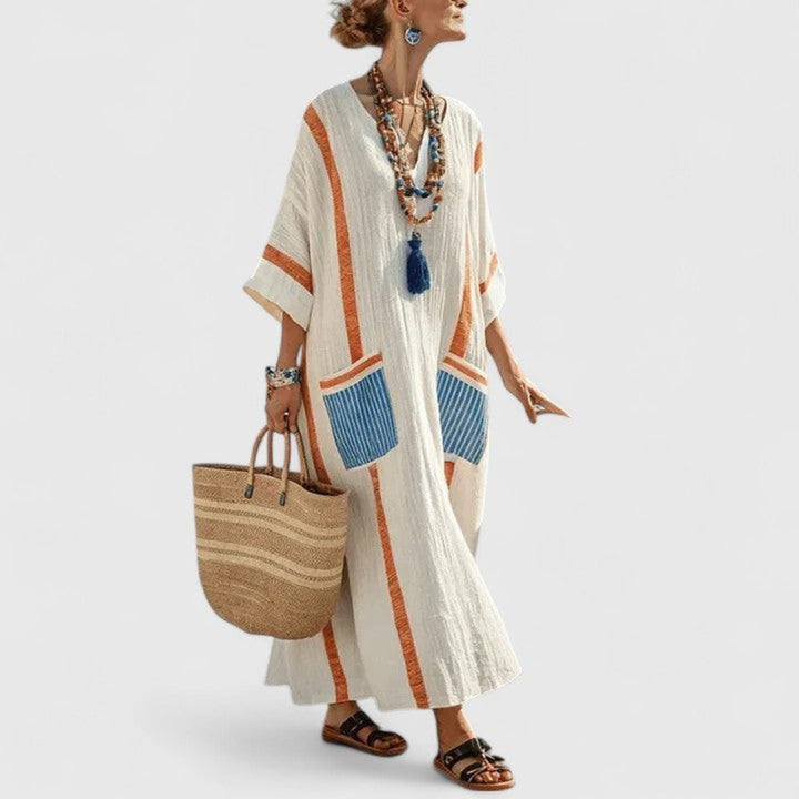 Loose fit V-neck striped boho maxi dress for women, comfortable summer kaftan, great for travel.