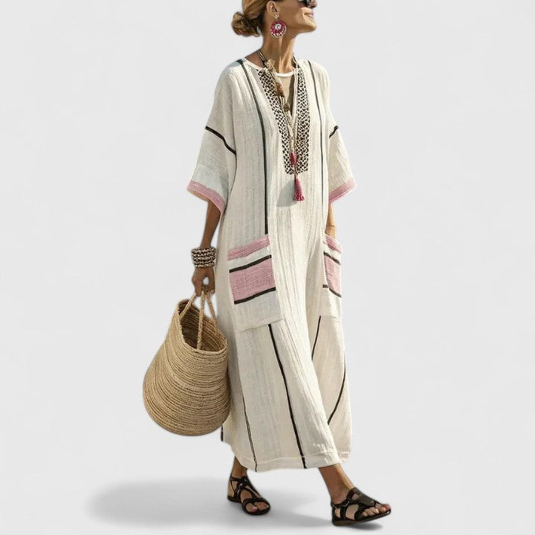 Stylish women's boho striped maxi dress, V-neck, loose fit, versatile for beach, casual & resort.