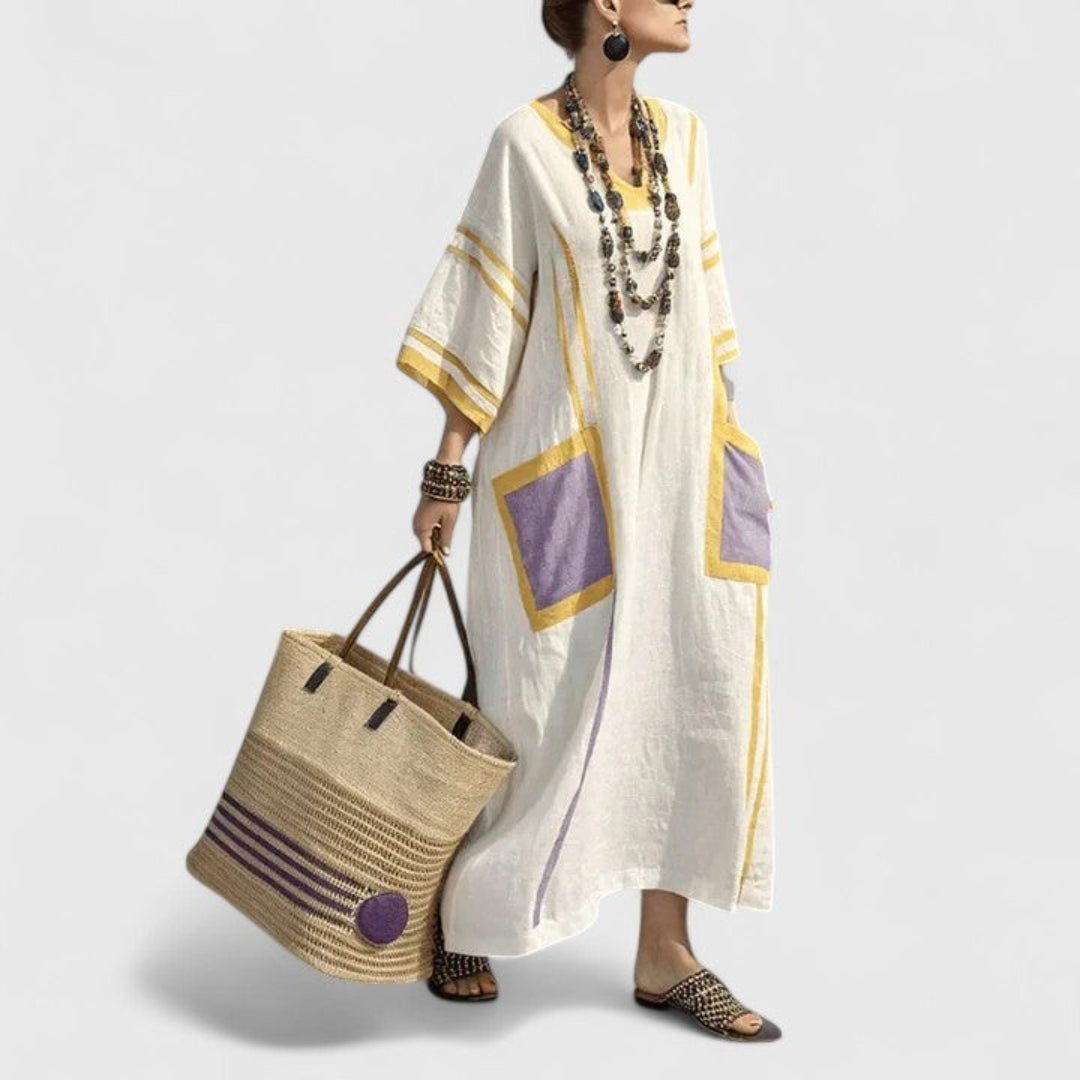 Women's V-neck striped boho maxi dress with pockets, loose fit, perfect as a beach kaftan.