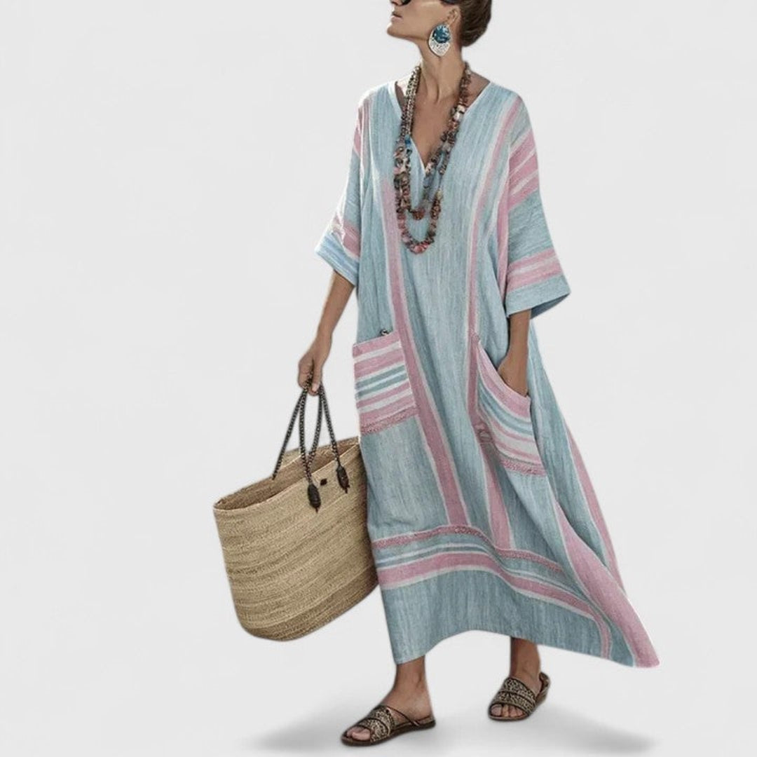 Women's casual boho striped maxi dress, V-neck, loose fit beach kaftan, comfortable for summer fashion.