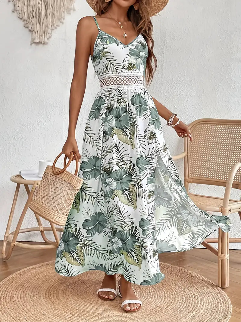 Women's boho tropical print maxi dress with V-neck & crochet detail, perfect for wedding guests & summer vacations.