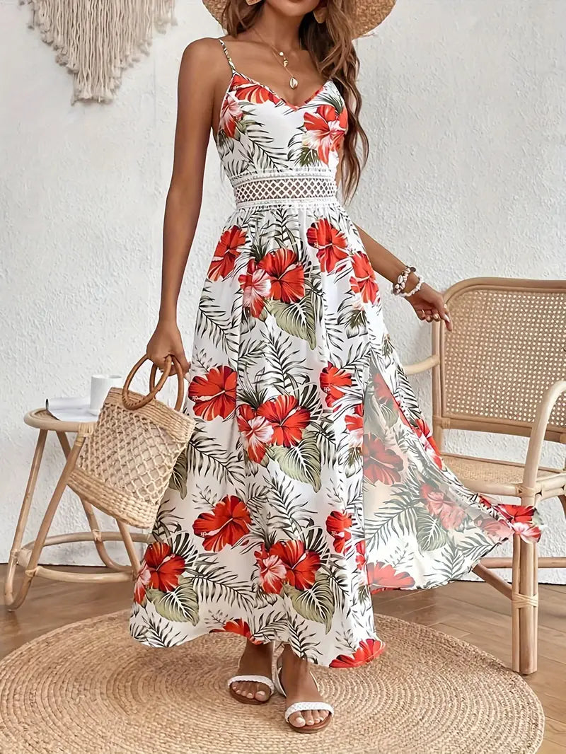 Elegant women's tropical maxi wedding guest dress, flowy V-neck boho style ideal for beach parties & summer events.