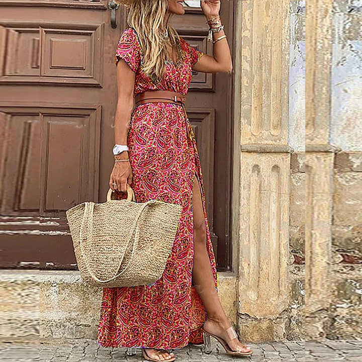 Elegant women's boho V-neck maxi dress, a long flowy design perfect for summer evenings and casual wear.