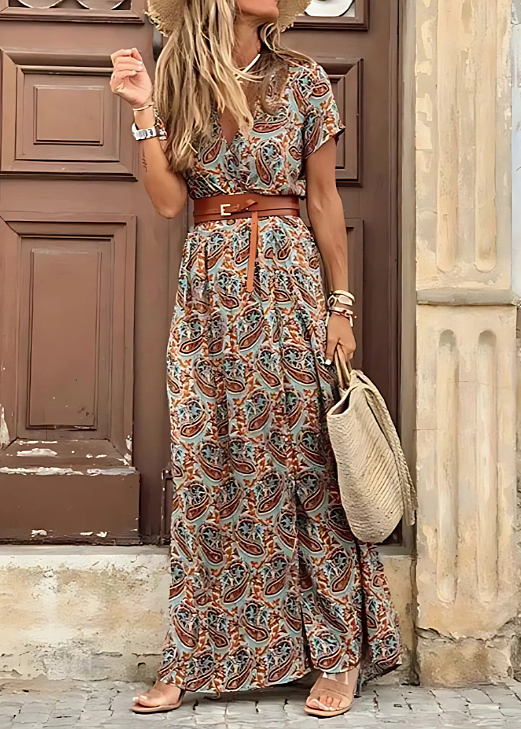 Bohemian women's V-neck maxi dress, a versatile long summer dress with effortless style for spring fashion.