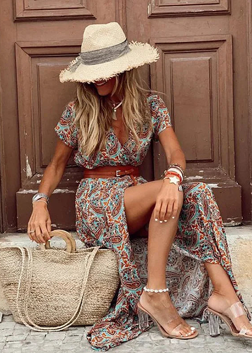 Comfortable women's boho maxi V-neck dress, a long, flowy summer dress embodying elegant bohemian style.