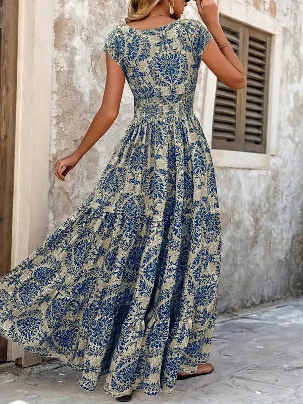 Stylish women's boho V-neck midi dress, ideal for elegant, versatile summer and occasion wear.
