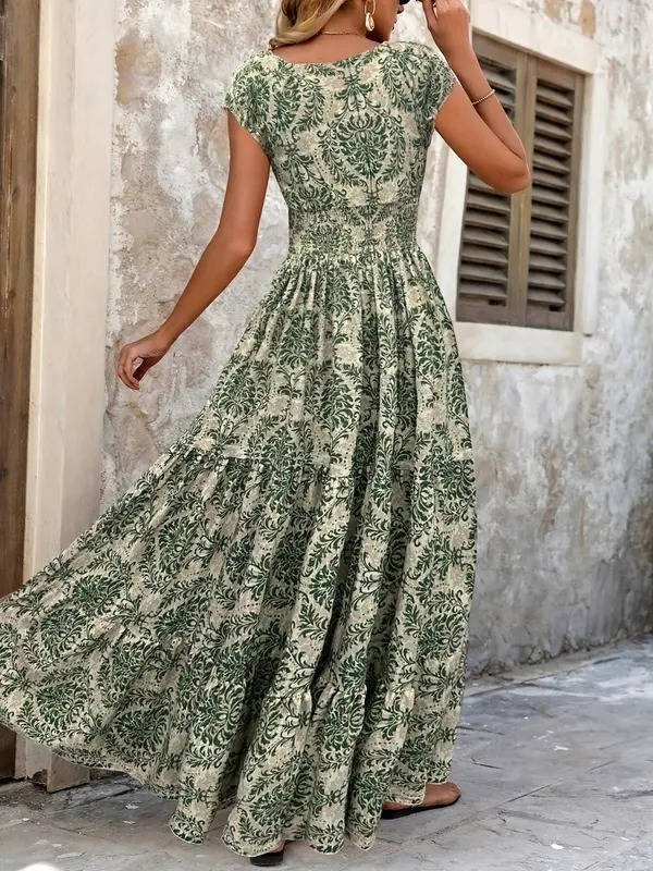 Effortless women's summer midi dress, featuring a chic V-neck and beautiful boho style.