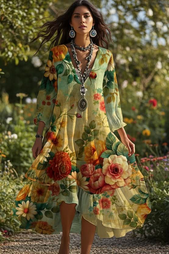 Women's boho vintage maxi dress with flowy fabric, perfect for summer casual wear or vacation style.