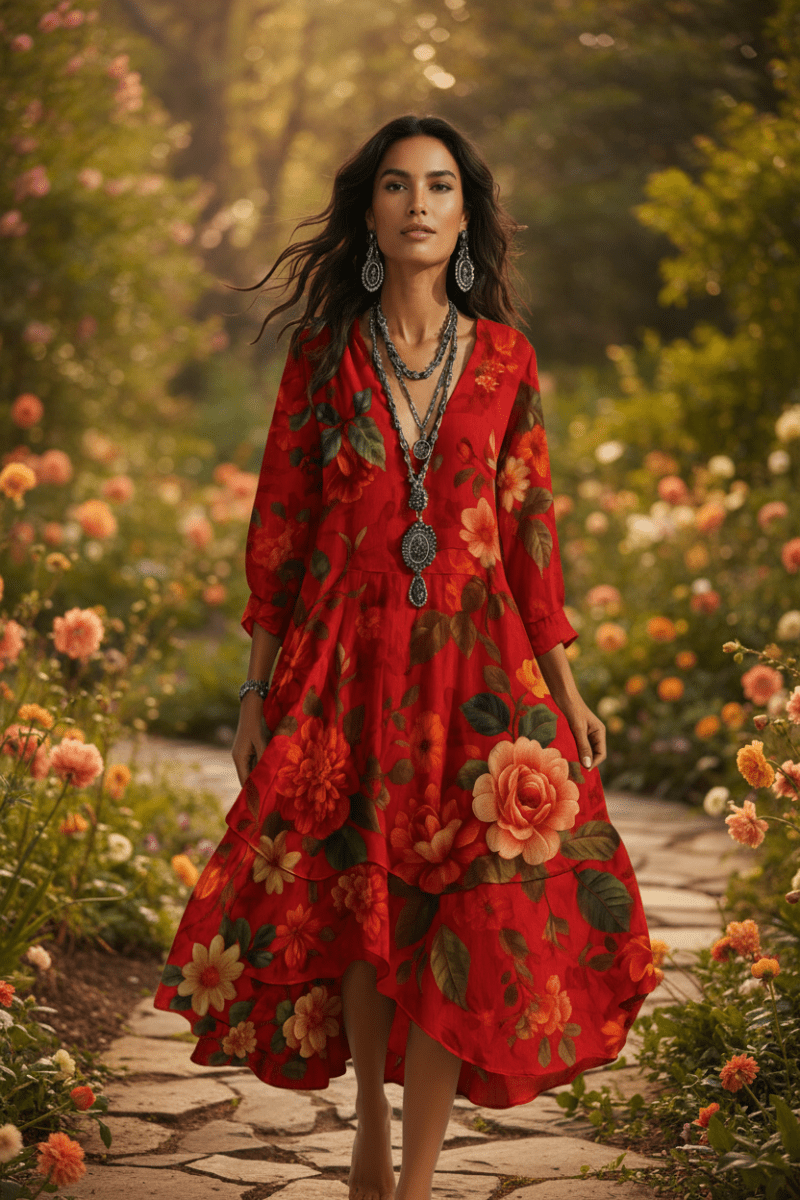 Elegant women's V-neck boho maxi dress in vibrant red, ideal for summer parties or a vintage-inspired look.