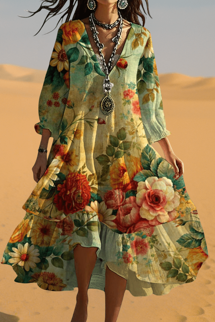 Casual women's flowy boho maxi dress in yellow, offering effortless vintage style and comfort for summer days.