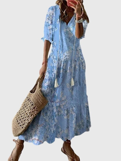 Stylish women's vintage boho maxi dress, comfortable & flowy for summer vacations & beach trips.