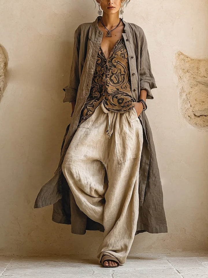 Women's boho wide leg pants set with vibrant ethnic print cardigan, comfortable three-piece outfit for summer casual wear.