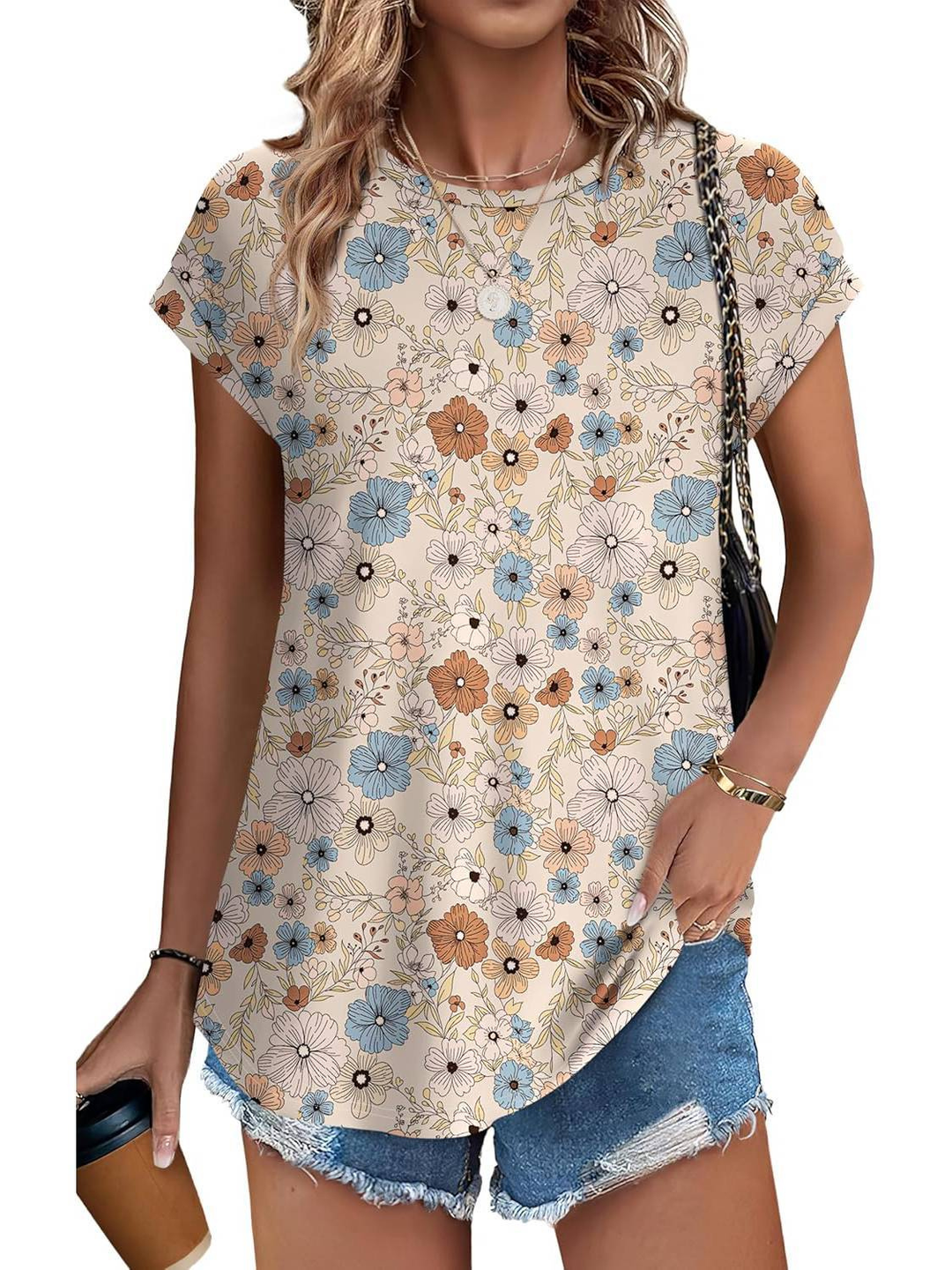 Women's casual cap sleeve top featuring an attractive botanical leaf print, perfect for daily fashion.