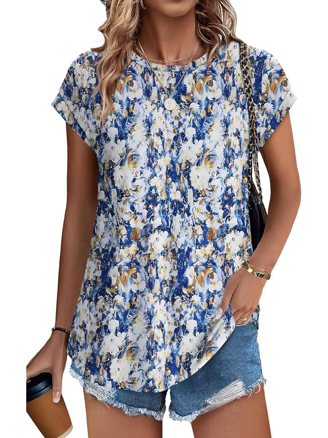 Women's cap sleeve floral top with a unique botanical leaf print. Ideal for everyday comfort.
