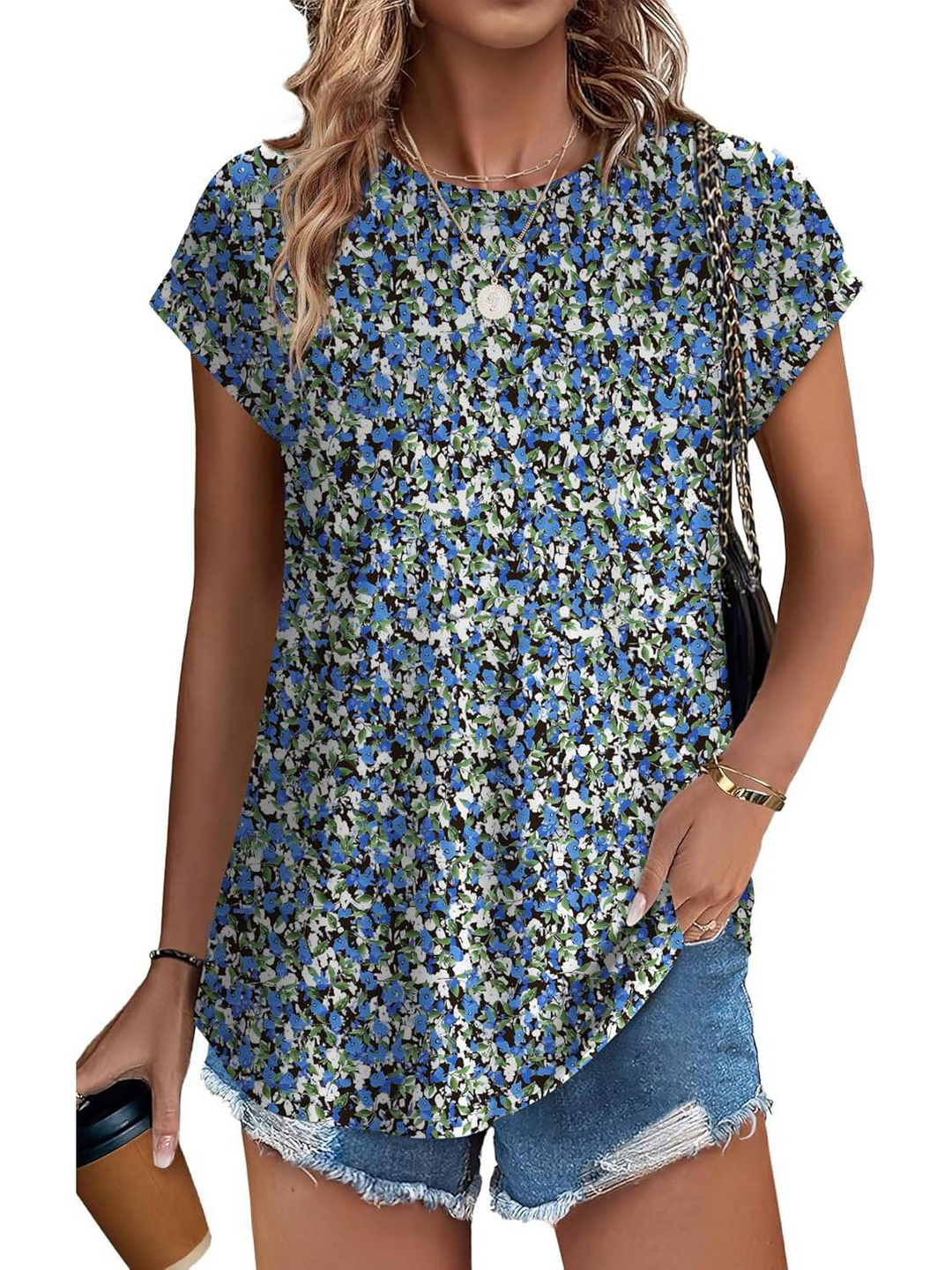 Lightweight women's summer top with elegant botanical leaf print and cap sleeves. Everyday style.