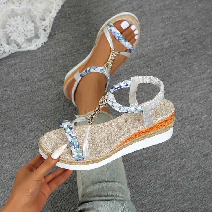Close-up of braided detail on Women's Wedge Sandals, fashion footwear