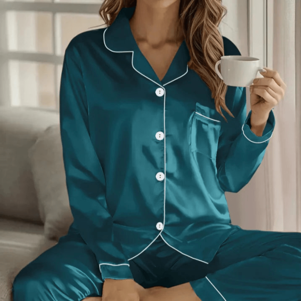 Women's breathable button front pajama set, soft sleepwear for ultimate comfort & relaxation.