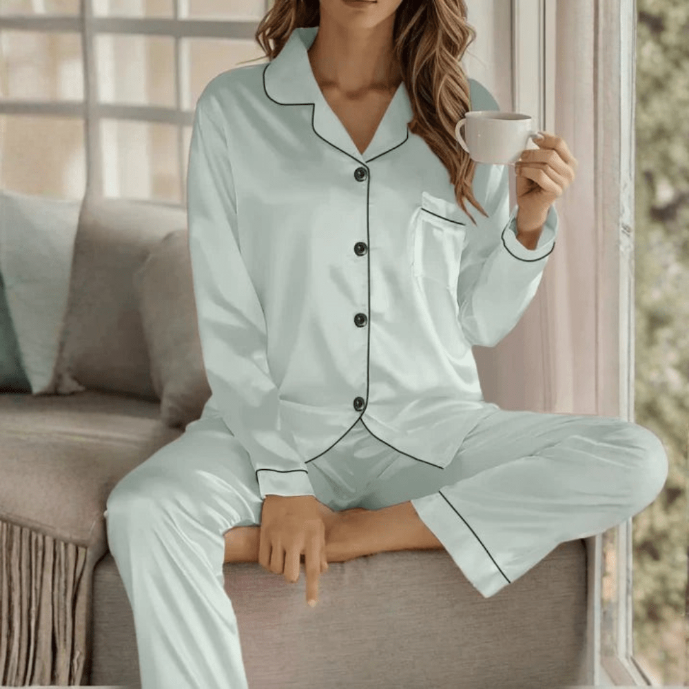 Women's button front pajama set with relaxed fit, breathable fabric for ultimate sleepwear comfort.