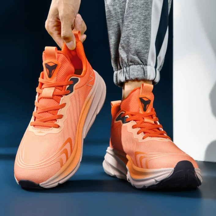 Close-up of women's lace-up running sneakers, highlighting breathable upper & secure fit.