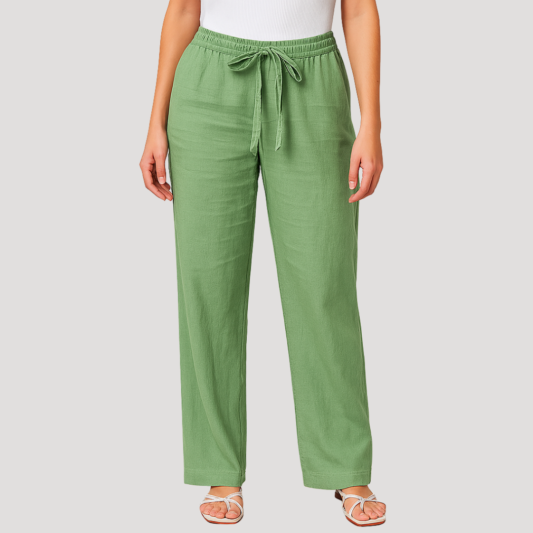 Breathable women's straight leg linen pants with adjustable drawstring waist. Comfortable casual summer trousers.