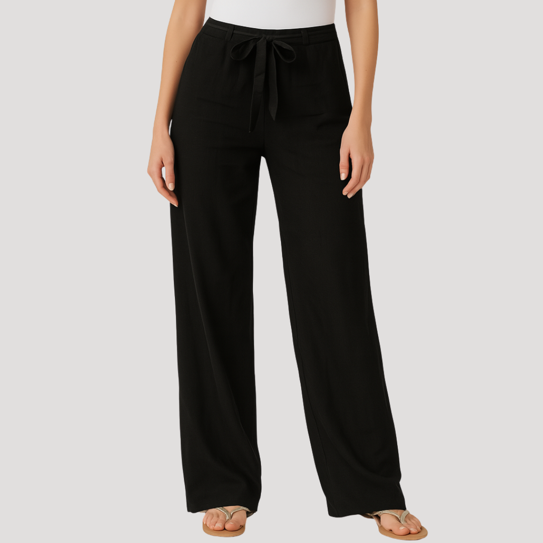 Summer women's casual linen trousers featuring a straight leg and comfortable drawstring waist. Breathable pants.