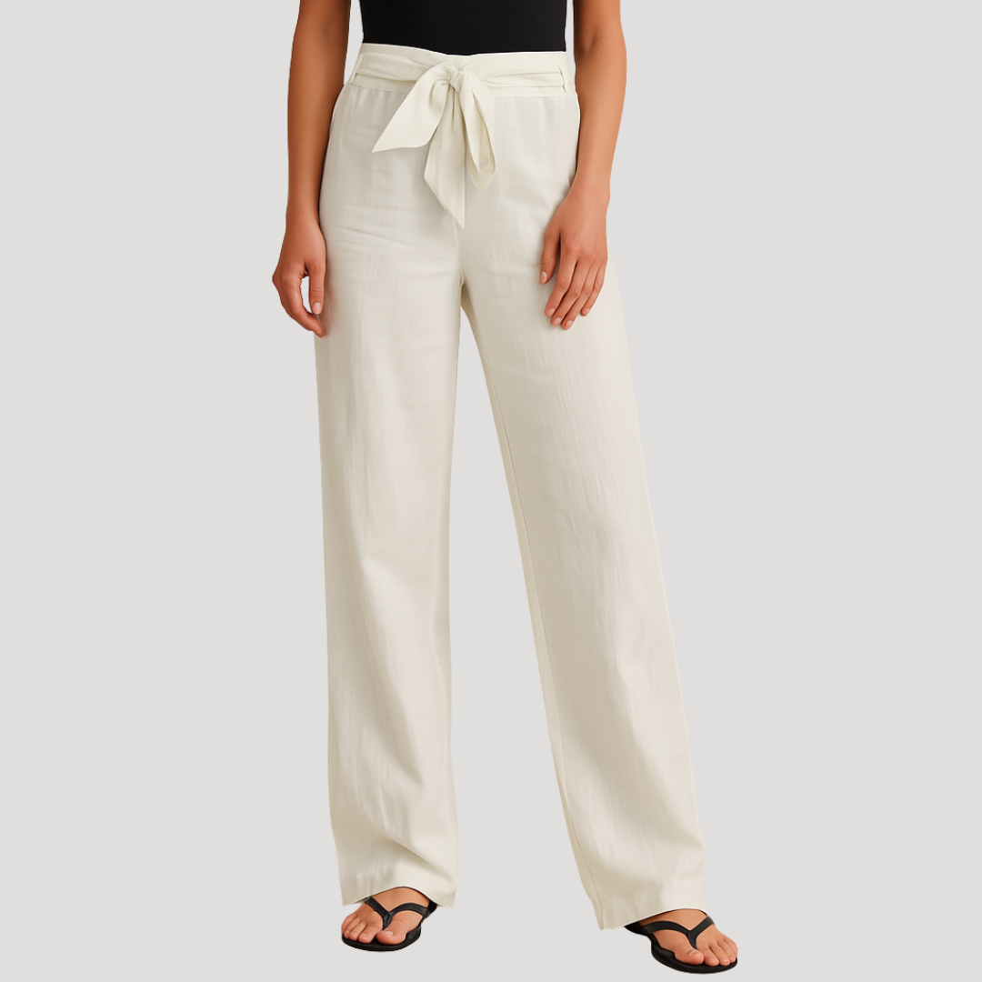 Women's relaxed fit linen drawstring straight leg trousers. Breathable summer pants for a casual, comfortable look.
