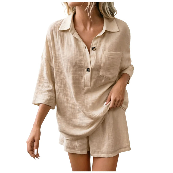 Women's breathable relaxed-fit beach short set with collared shirt & drawstring shorts, perfect for summer vacation.