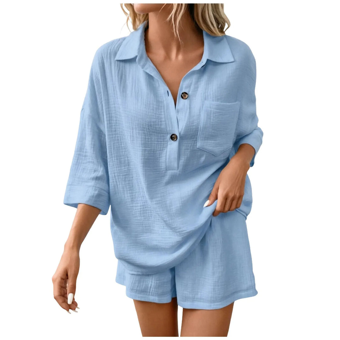 Comfortable women's two-piece short set in relaxed fit for beachwear or casual summer attire.