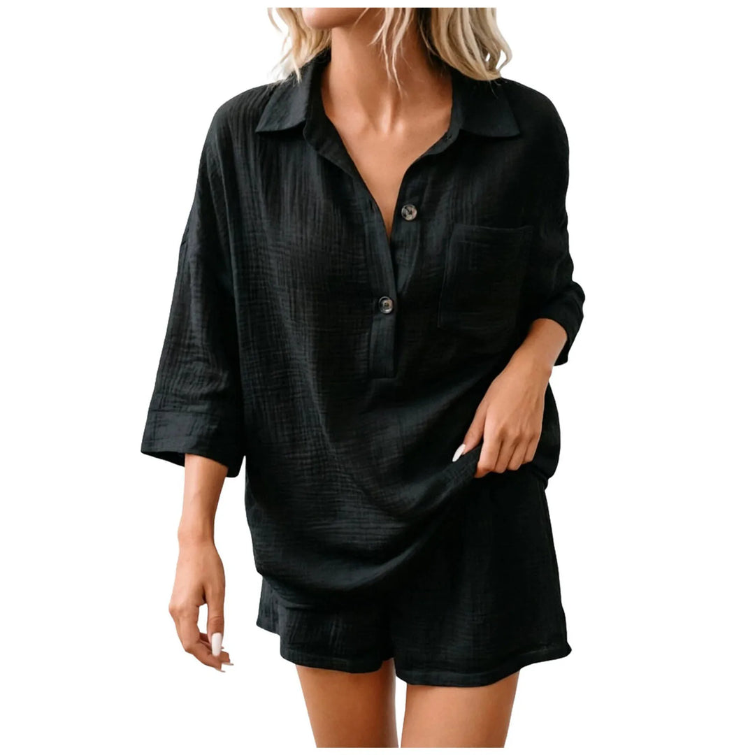 Stylish women's beach short set: breathable collared shirt & drawstring shorts, ideal for vacation outfits.