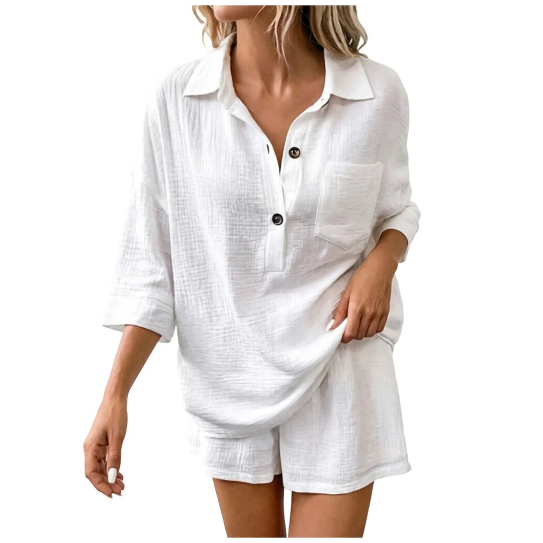 Relaxed-fit women's short set, a breathable two-piece with collared top & drawstring shorts for summer fashion.