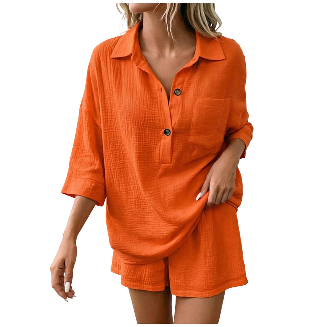 Women's summer beach short set, breathable & comfortable, with a collared shirt and drawstring shorts.