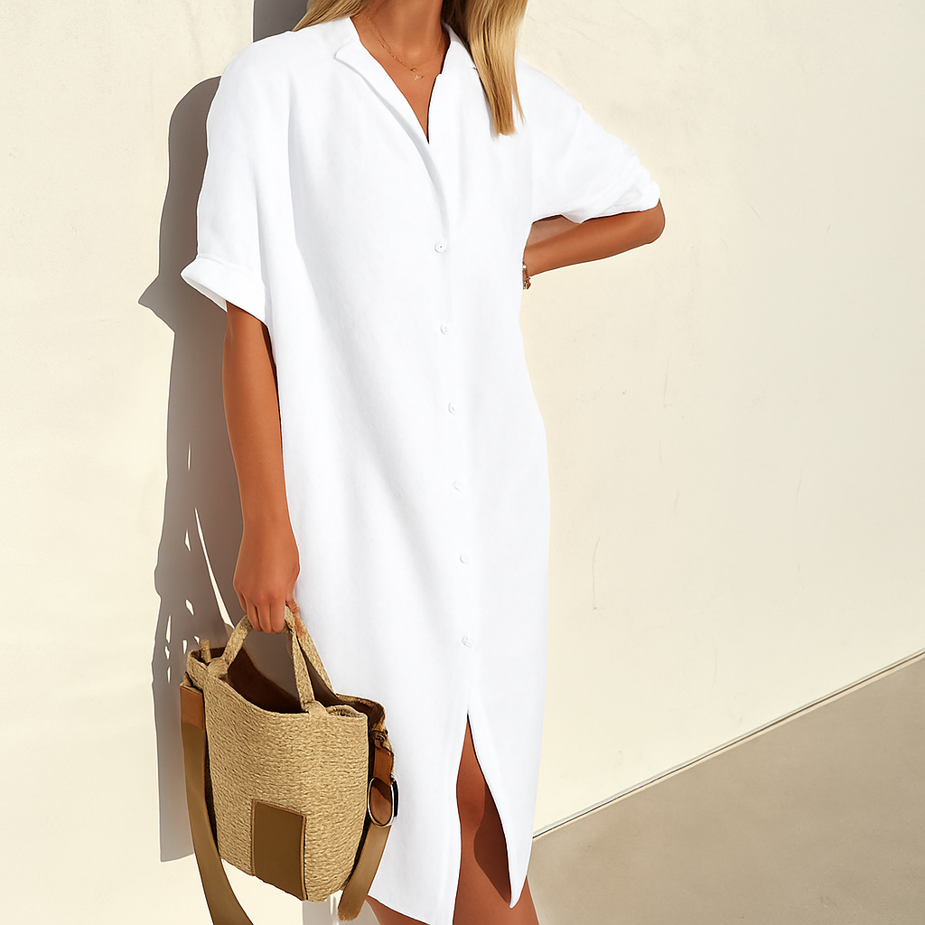 Women's breezy button-down midi shirt dress, ideal for comfortable casual spring & summer fashion.