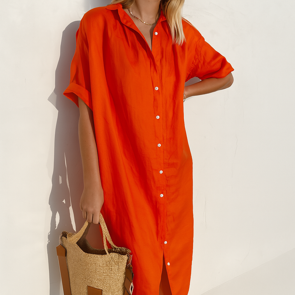 Flowing back view of a comfortable women's breezy midi shirt dress, great for relaxed spring & summer looks.