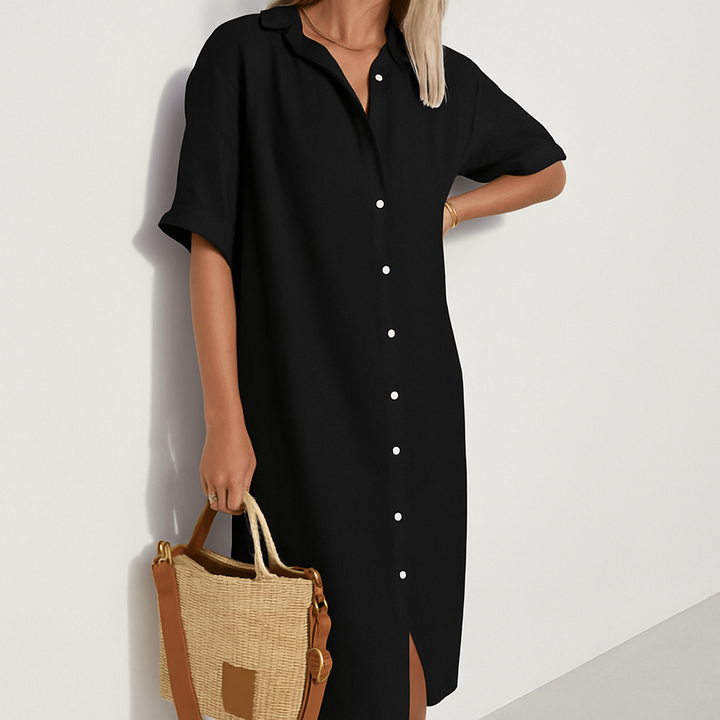Stylish women's button-down midi shirt dress, an elegant & comfortable piece for versatile spring/summer wear.