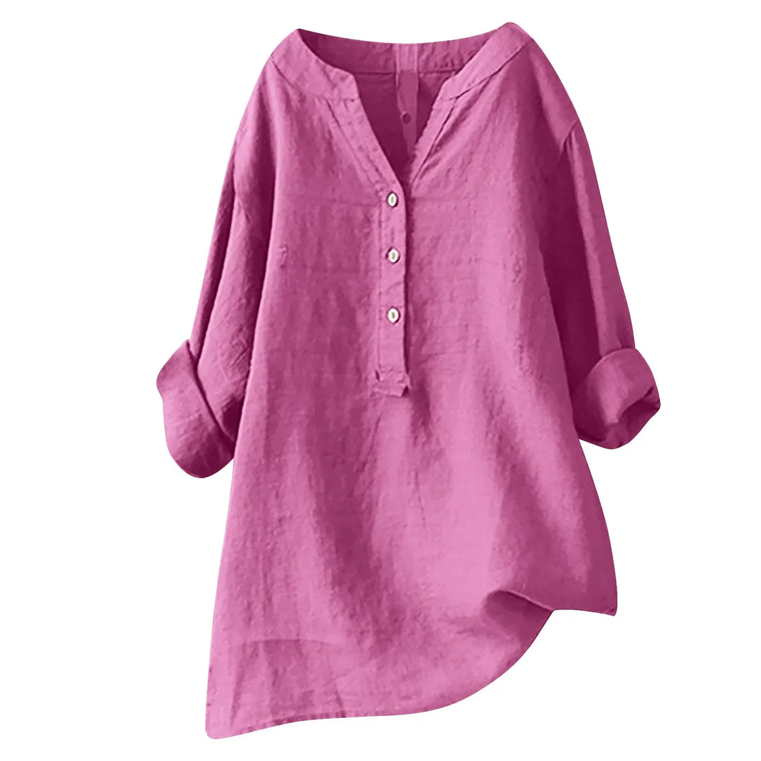 Stylish v-neck short sleeve button-up shirt for women, ideal for casual summer wear.