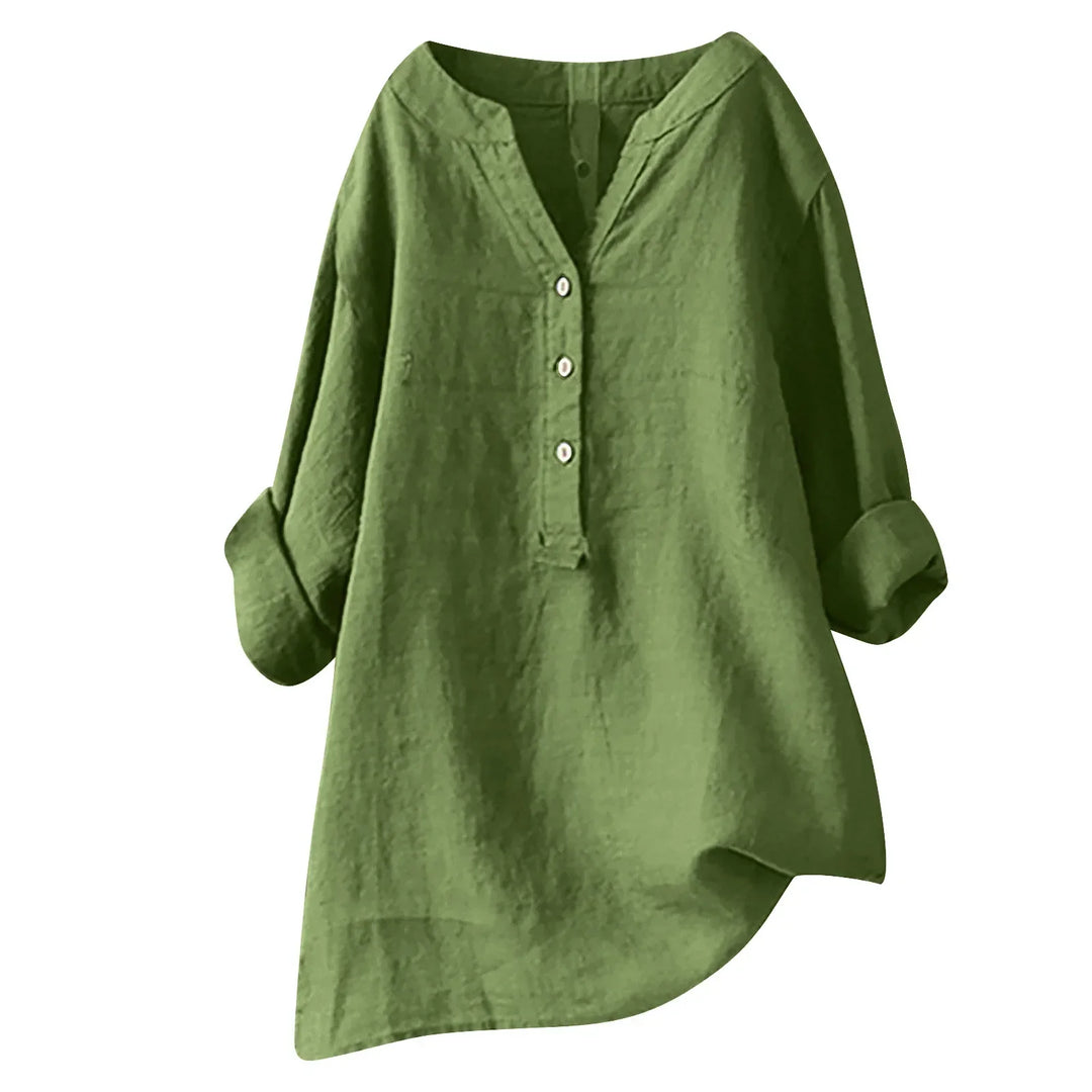 Ladies' breezy button-up shirt, v-neck short sleeve summer top, relaxed fit for warm weather.