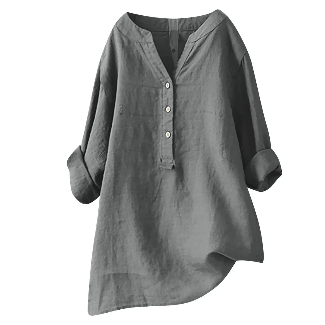 Women's casual button-up summer shirt with v-neck and short sleeves, offering a breezy feel.