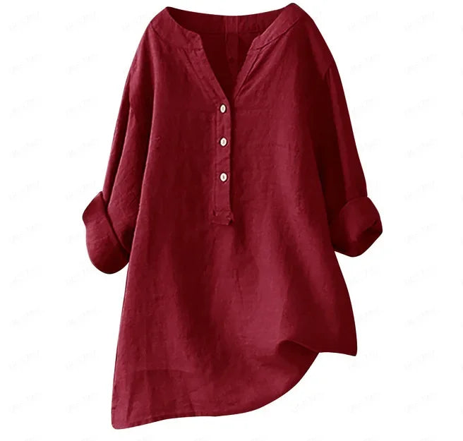 Relaxed fit women's button-up summer shirt, perfect for everyday wear and warm weather style.