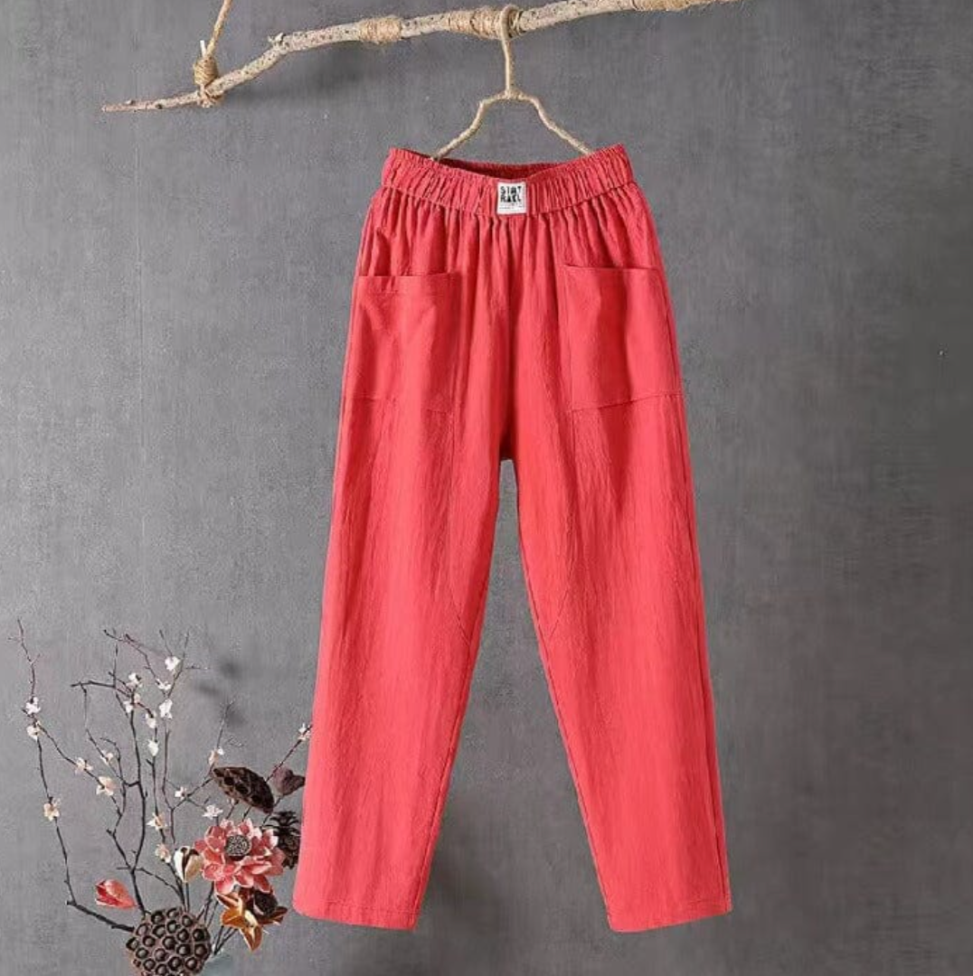Relaxed fit high-waist pull-on pants for women, breezy straight leg design, ideal for summer vacation style.
