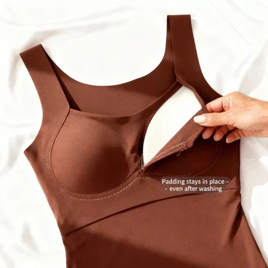 Comfortable women's everyday tank top with built-in bra, ideal for layering or solo wear.