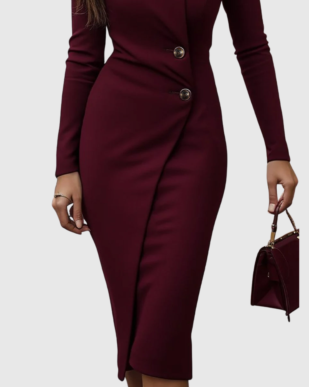 Chic women's burgundy midi dress with a flattering wrap front and stylish button details for evening wear.